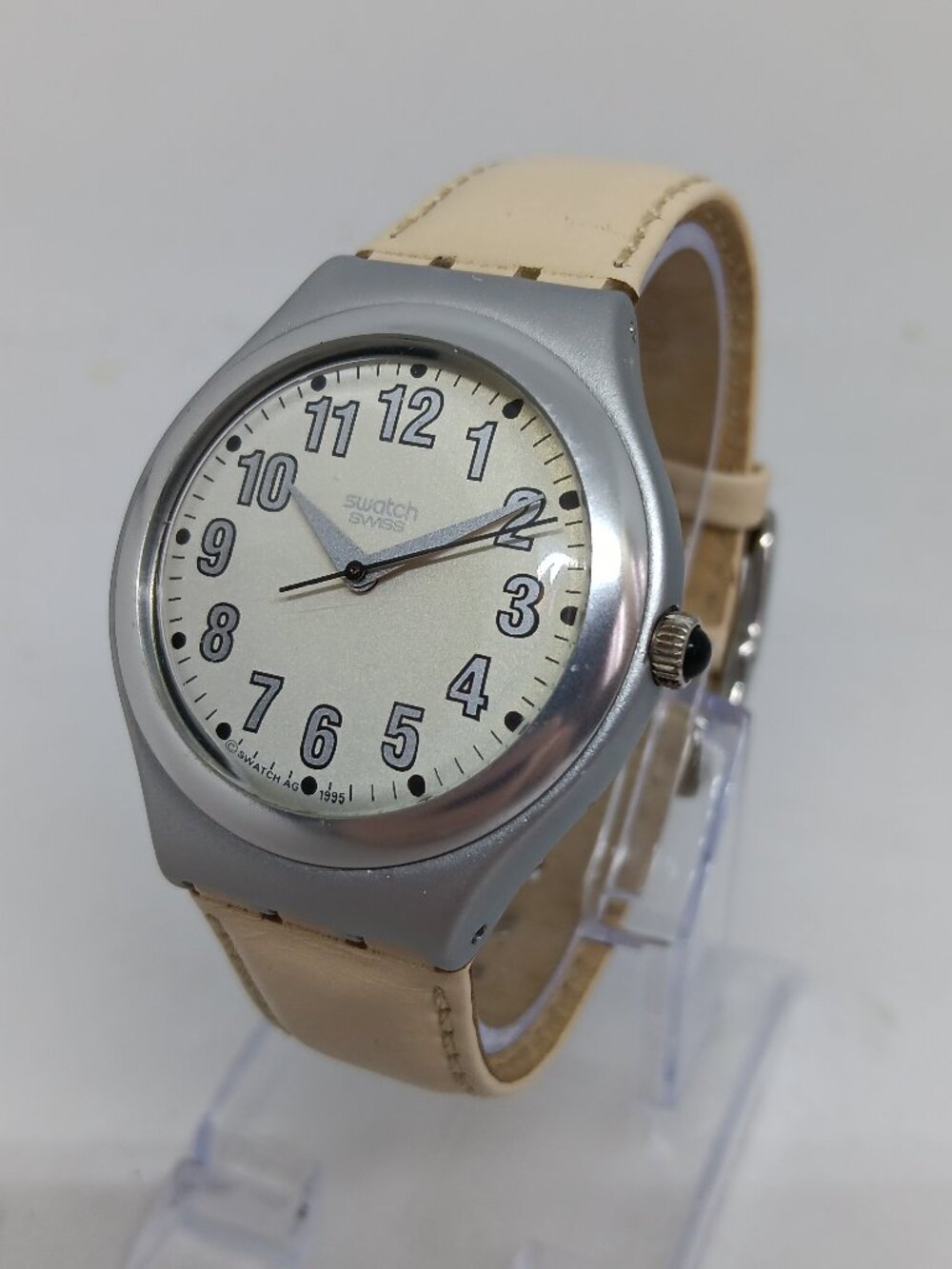 VINTAGE 1995 Swatch Irony 37mm Swiss Quartz Leather Strap Watch NEW BATTERY